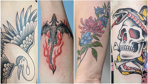 Photo showing 4 different examples of work by Tribal Body Art Edinburgh Tattoo Studio